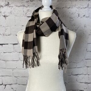Made in Scottland Scarf Brown Tan Checker Print Cashmere Fringe Rectangle Unisex
